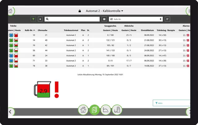 Screenshot der Startseite des Smart Display: Übersichtliche Bedienoberfläche mit schnellem Zugriff auf alle Funktionen und Kälberdaten.